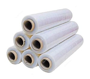Six transparent hand stretch film rolls, 500 mm wide, 23 µm thick, on paper cores